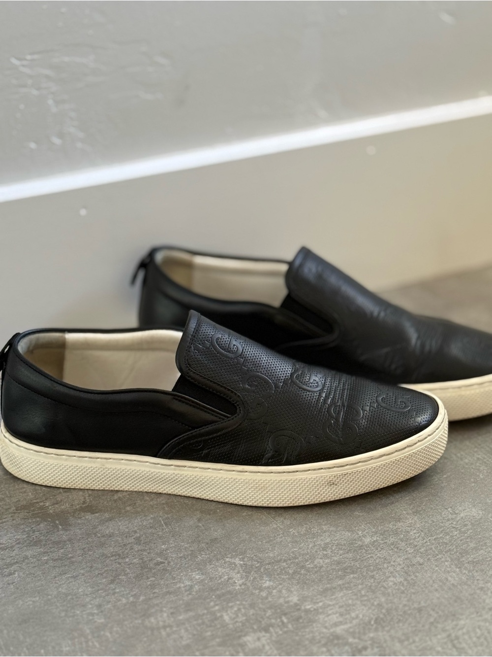 Gucci Black Leather Slip-On Loafers with Embossed GG